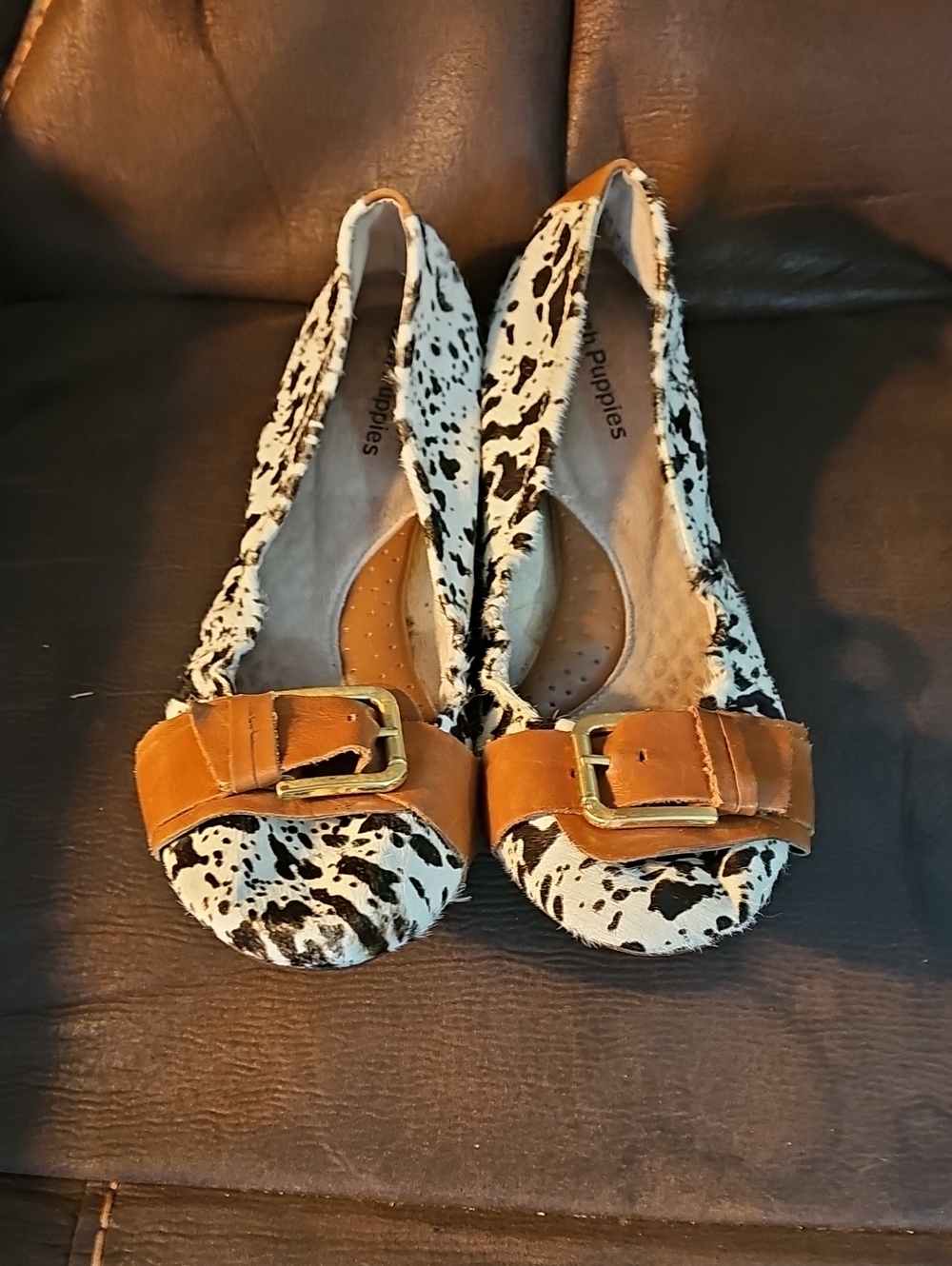 Hush Puppies Black & White Leopard Ballet Flats with Tan Buckle